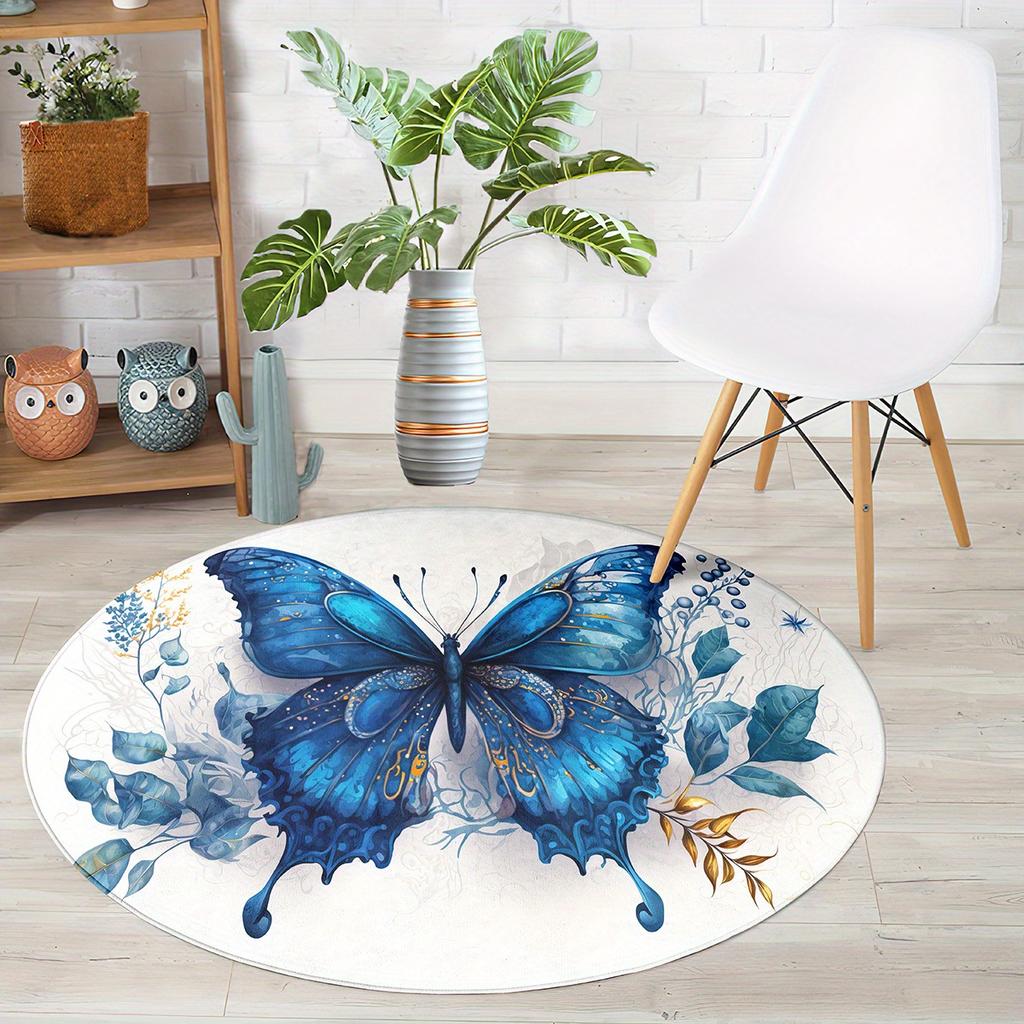 Luxuriöses Blaues Schmetterlingsmuster Runde Form Fußmatten Küche Flur Läufer Teppich Schlafzimmer Wohnzimmer Weicher Teppich Rutschfester Bereichsteppich