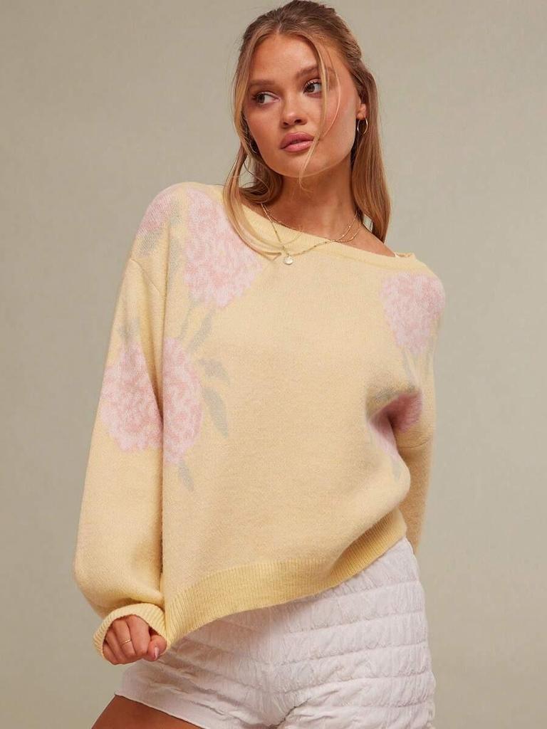 Suéter de punto jacquard floral casual de manga larga para mujer 2025 Europeo