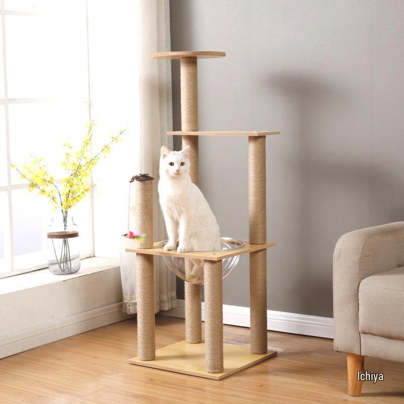Solid Wood Sisal Cat Tree with Space Capsule and Scratch Board