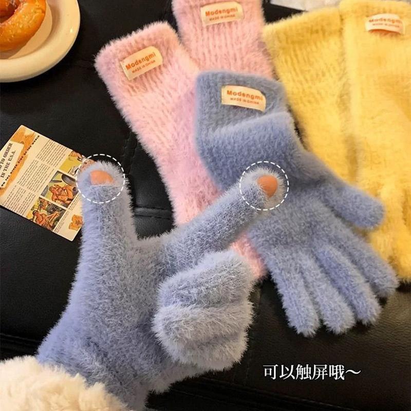 Winter Women's Gloves Thick Plush Knit Gloves Warm Velvet Mittens Solid Outdoor Ski Drive Touch Screen Gloves Christmas Gift