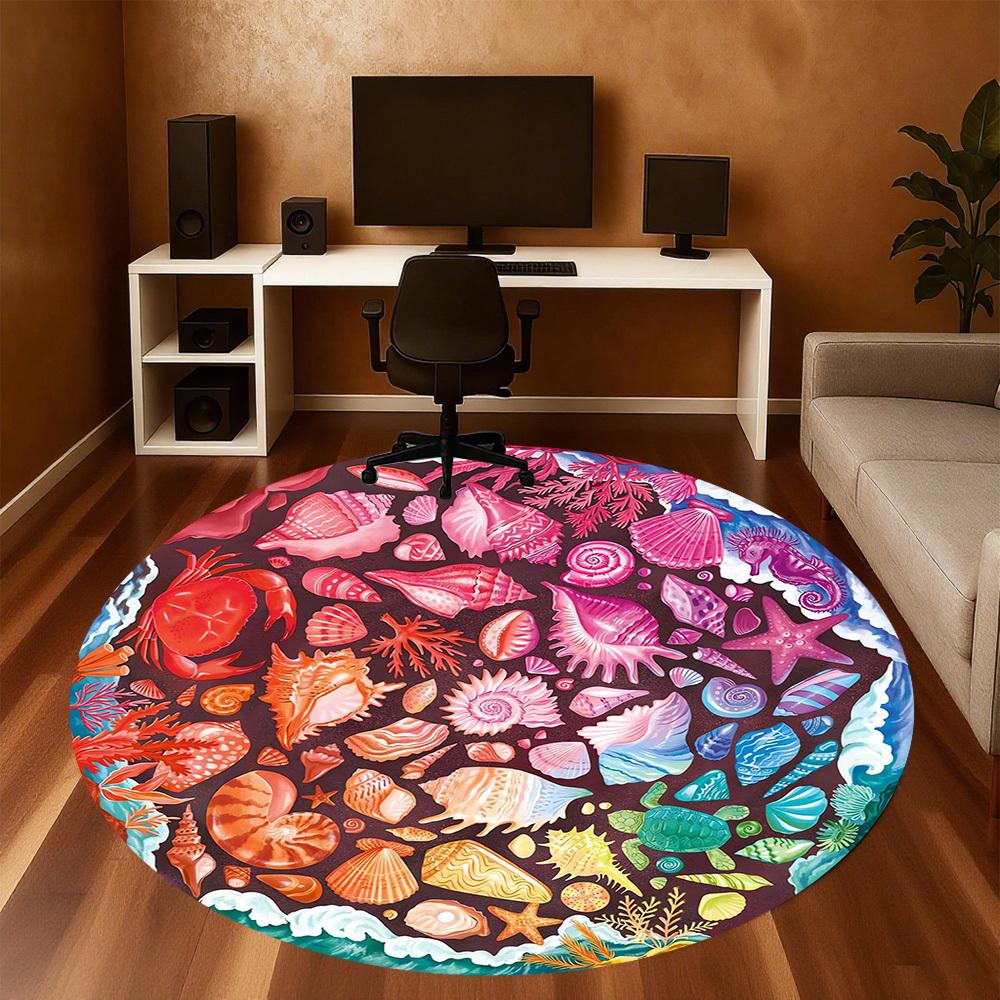 1pc Seashells, Oceanic Pattern Office Round Rugs, Under Chair Round Rugs for Living Room, Bedroom, Bathroom Decoration Carpet 091843
