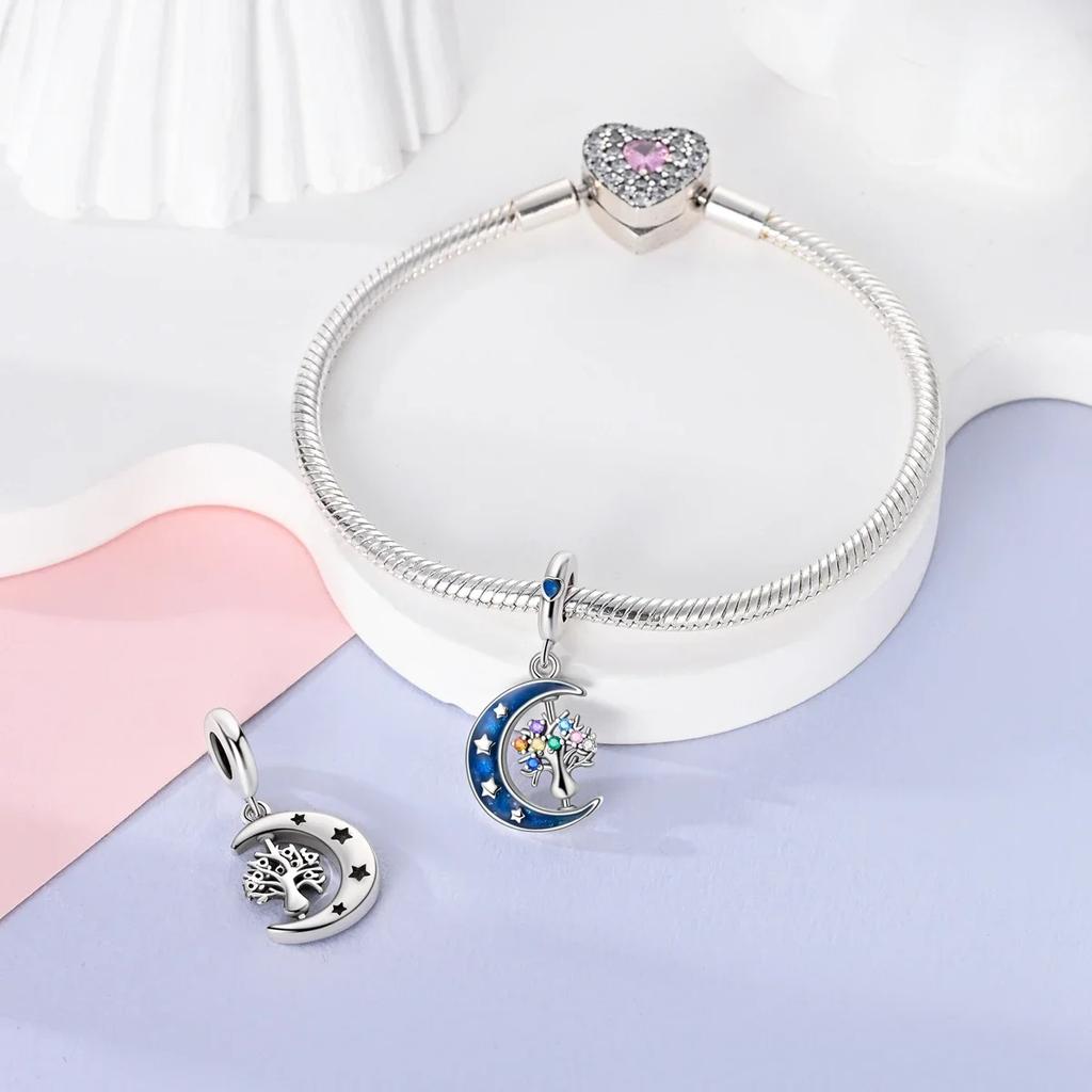 copper Moon Dangle Charm Bead Charms Sparkling Star Shape Zircon Tree of Life Bead Charms Diy Authentic Bracelets Making Fine Jewellery Gifts for Wome