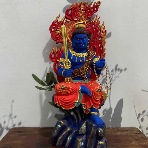 Acala, Half-Lotus Seated Buddha Statue, Wood Carving, Zodiac Amulet, Year of the Rooster, Hinoki Wood, Painted, Wooden, Flame Halo (17cm)