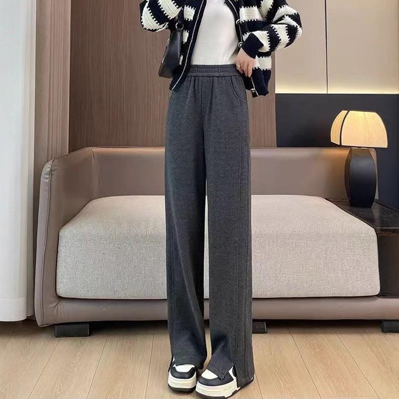 Regular/Plus Velvet Herringbone Wide Leg Pants - Women’s Autumn/Winter Wool Straight Leg with Split Design XL