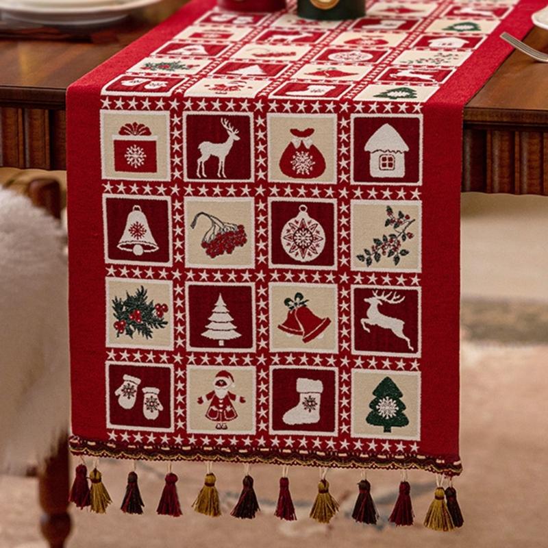 Christmas Chenilles Table Runner With Colorfast Woven Design And Tassels For Festives Home Dining Atmosphere Decoration