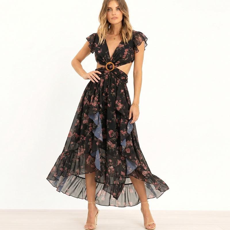 European Style Vacation Chiffon Maxi Dress Summer Sexy Beach Women L