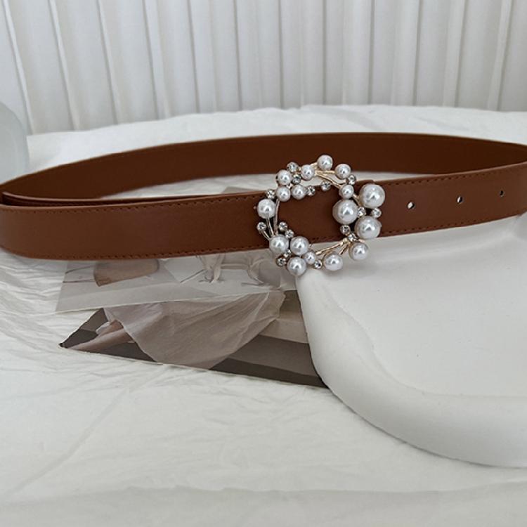 Luxurious Waist Belt with Pearl Circle Pin Buckle for Woman Jeans Skirt Decors