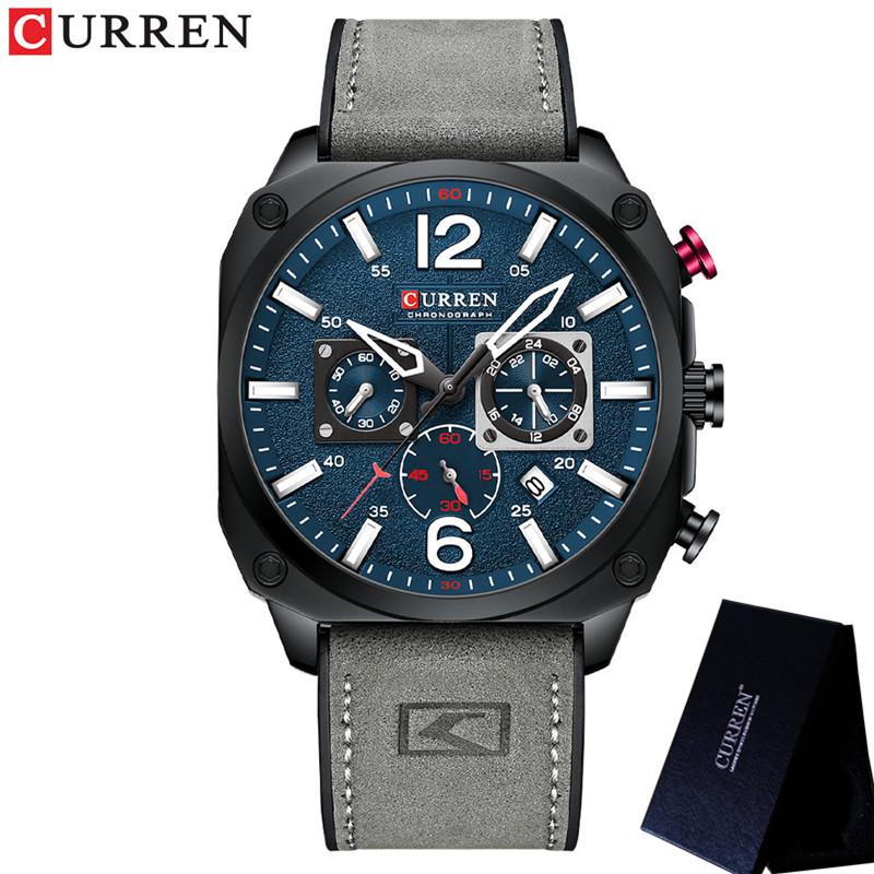 CURREN Chronograph Herren Armbanduhr Kalender Sport Herren Uhr Militär Top Marke Luxus Grau Echtes Leder Männliche Uhr Geschenk 8398