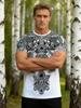 T-shirt Tribale Bianca e Nera con Lupo da Uomo, Motivo a Nodo Ispirato alla Mitologia Norrena, Manica Corta Traspirante per Stile Street e Urbano