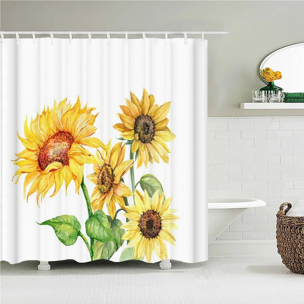 3d Sunflower Yellow Flowers Shark Shower Curtains Bathroom Waterproof Bath Curtain Polyester Cloth With Hooks Decor Bath Screen