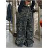 Militærgrønne jeans for kvinner med høy midje Vintage rett baggy Y2K dongeribukser hip hop amerikansk mote dongeribukse med brede ben