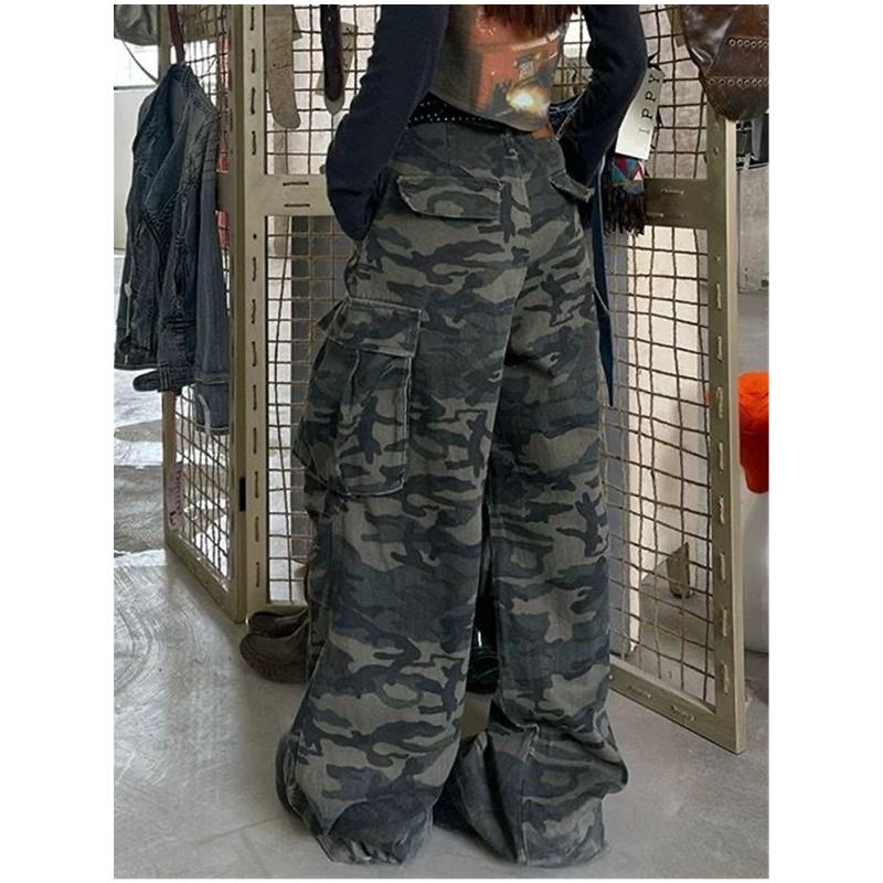 Militærgrønne jeans for kvinner med høy midje Vintage rett baggy Y2K dongeribukser hip hop amerikansk mote dongeribukse med brede ben