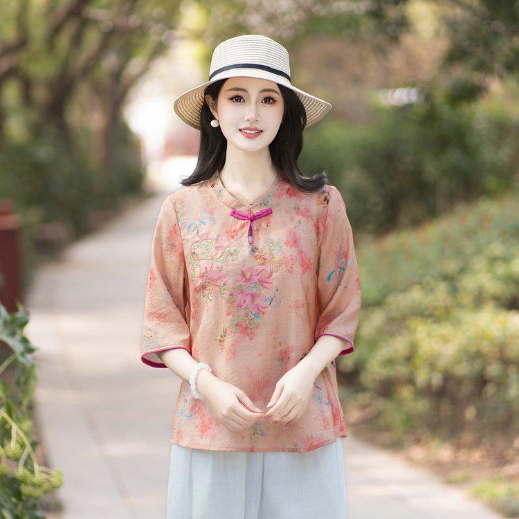 

Elegant Women s Summer Loose-Fit Chinese Style Print T-shirt 5XL (suggested weight 150-165 jin)