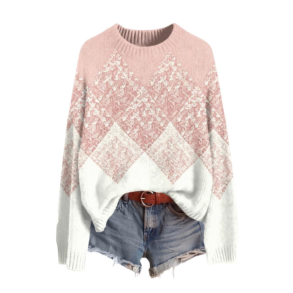 Women's Fall Winter Neck Long Sleeve Sweater - Soft Knit Printed Pullover