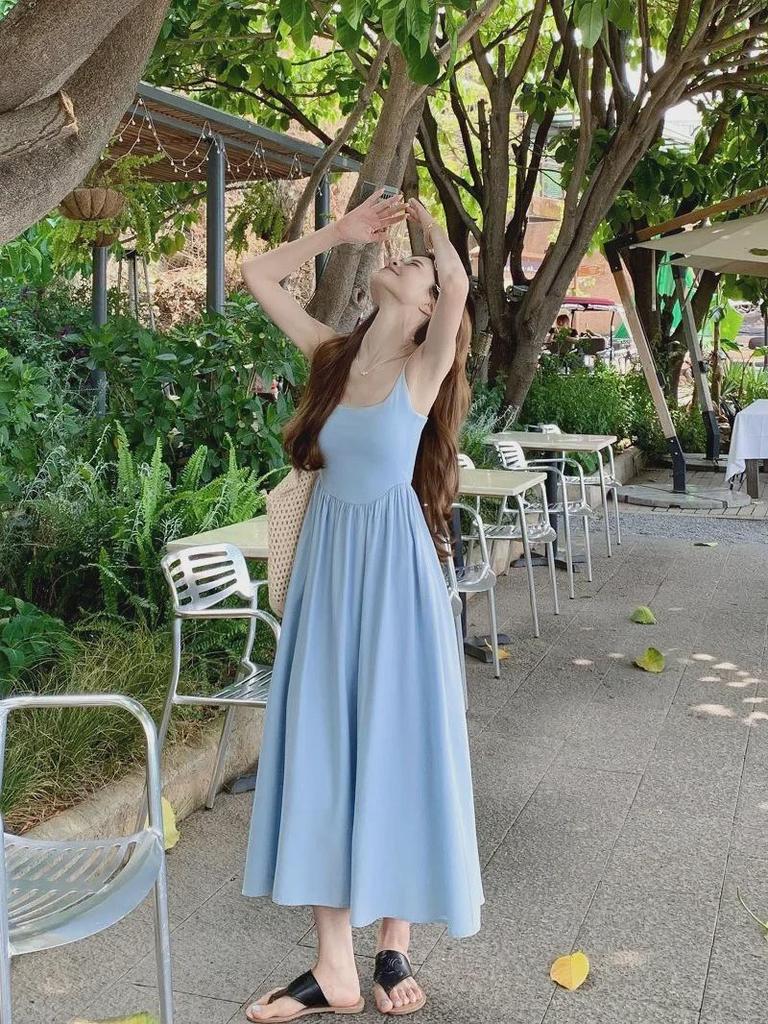 Kumikumi Blue Summer 2024 Women's Slim Waist Suspender Dress