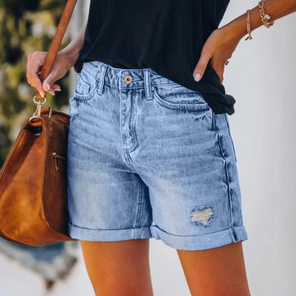 Short Jeans Women Vintage Hole Shorts Washed Distressed Pockets High Waist Streetwear 2025 Female Summer Denims Straight Pants