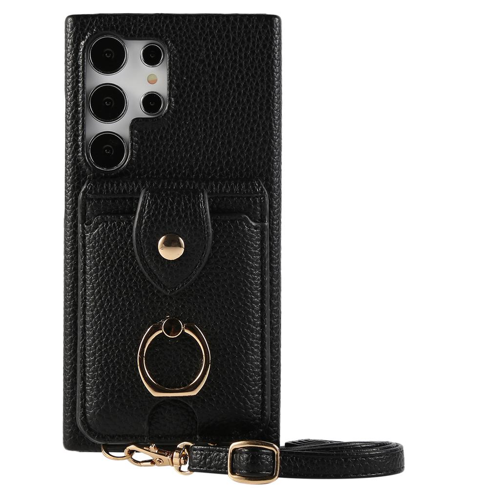 For Samsung Galaxy S24 Ultra Case with Card Holder,Shoulder Strap PC+TPU Ring Kickstand Phone Back Cover