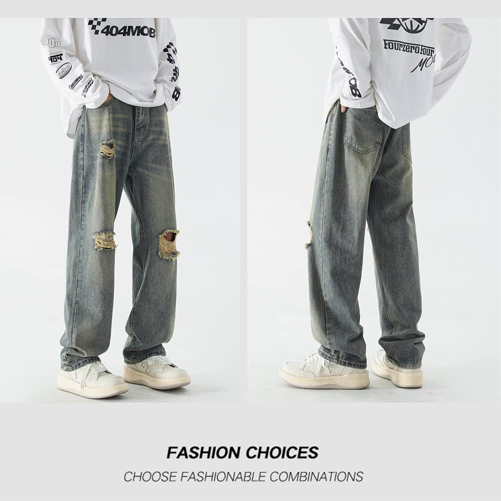 TIDEWORD Denim Pants, Distressed Jeans, Wide-Leg Pants, Baggy Pants, Loose Fit, Plus Sizes, Spring, Summer, Fall, Winter (PSNZK01-Light Blue, 3XL)