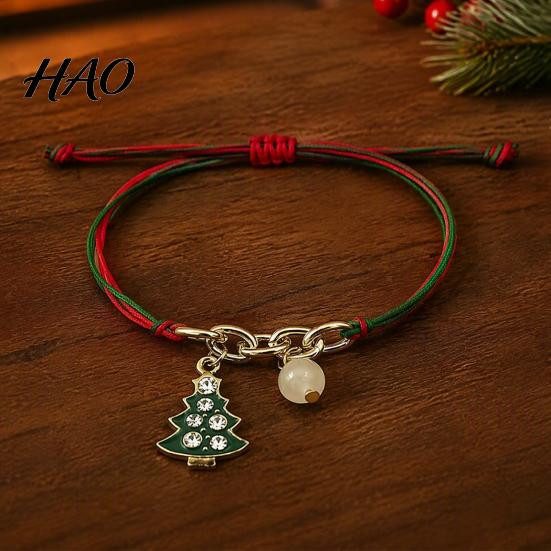 Stackable Festive Wrist Jewelry Christmas Bracelets, Red Green String Bracelet, Adjustable Charm Bracelet Webbing with Glow in The Dark Bead for Women