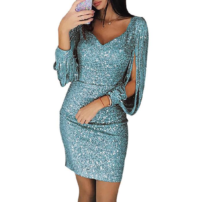 JKASHDK Women's Fashion Spring Fall Solid Color Print Long Sleeve V-Neck High Waist Casual Dresses