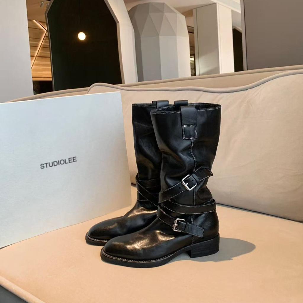 Grape mother height increased by 4cm~ round pointed head thin belt buckle medium tube knight boots women