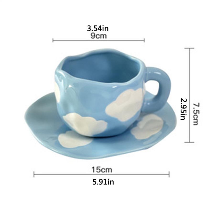 Creative small fresh underglaze color hand-painted white cloud coffee cup and saucer hand-squeezed irregular