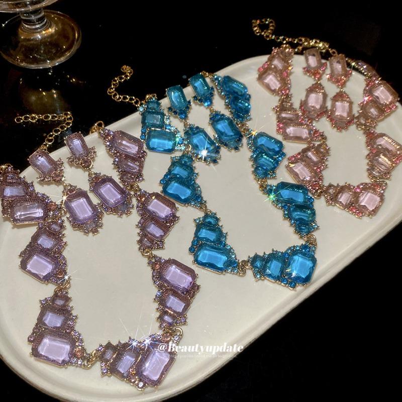 Square Diamond Irregular Necklace Earrings Set Design Sense Unique Light Luxury Dress Exquisite Jewelry Women