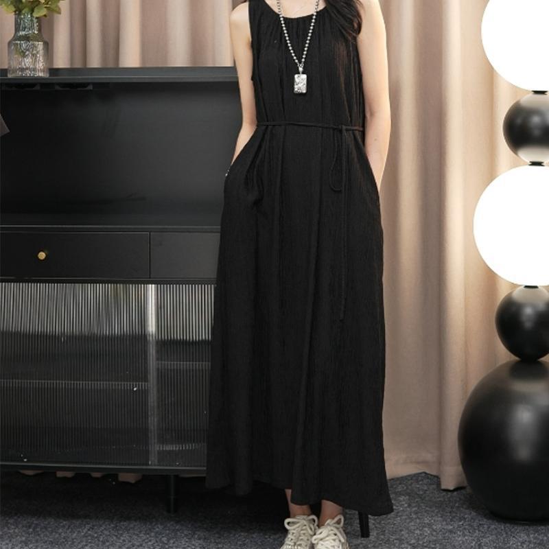 French Retro Pocket Dress Women's Summer Thin and Meat-covered Fashion Waist Sleeveless Versatile Loose Pleated Suspenders
