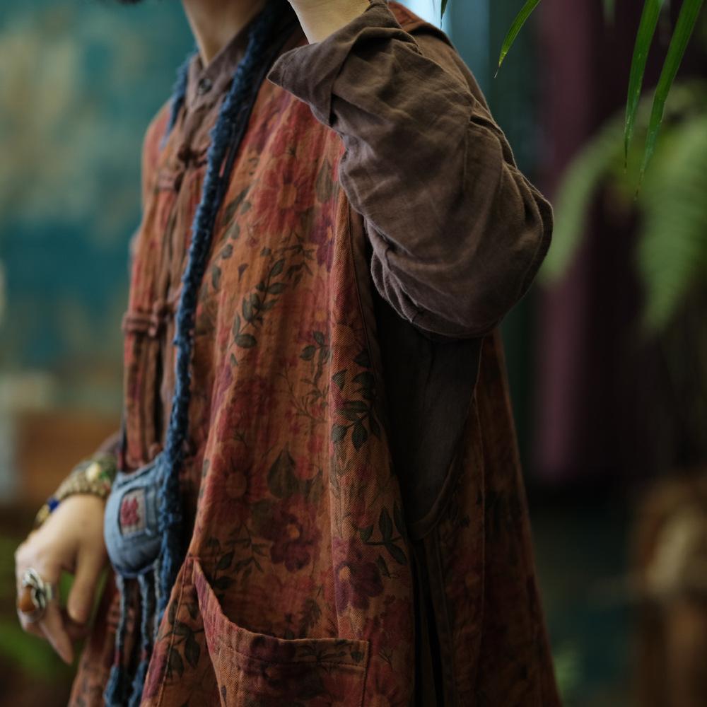 Johnature Women Vintage Print Floral Vests Coats Button Sleeveless V-Neck Autumn Chinese Style Pockets Vests