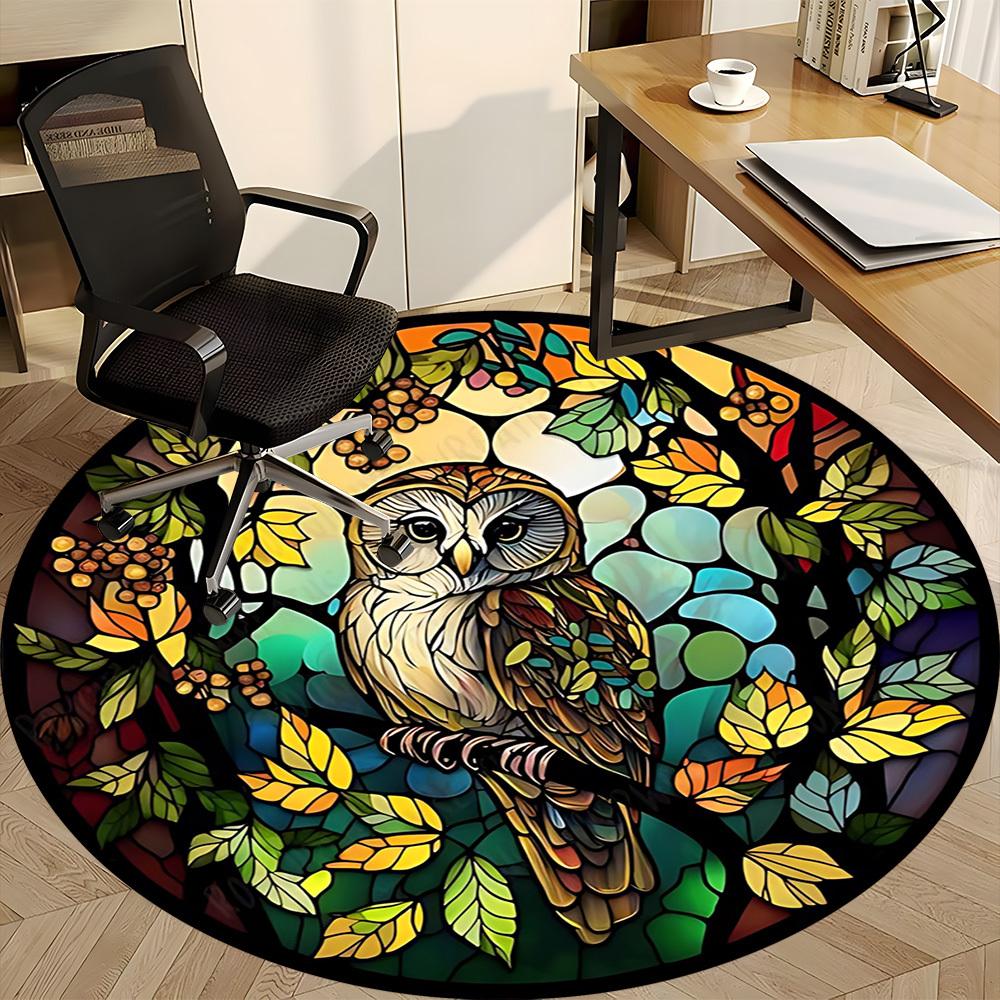 1pc Stained Glass Owl Chair Carpet for Office, Round Polyester Mat, Indoor Decor for Office, Easycare Fabric, Washable Non-slip Area Carpet