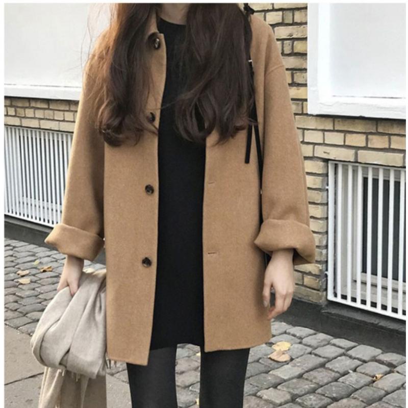 Fashionable Mid-length Loose Wool Coat for Women Solid Color Long-sleeved Cardigan Top
