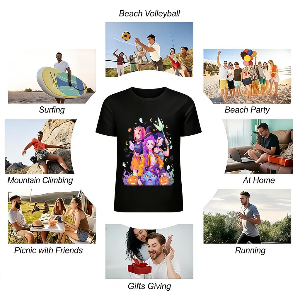 Halloween Themed Anime Girls Print T-shirt Casual Loose Fit Crewneck Top For Daily Wear Pure cotton T-shirt