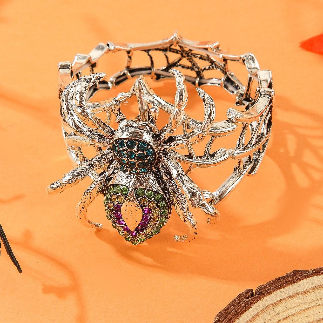 

1PC Punk Spider Theme Personality Bracelet - Heavy Duty Zinc Alloy Black Red Rhinestone Spider Web with Spider Pendant, Elastic Band Design серебряный