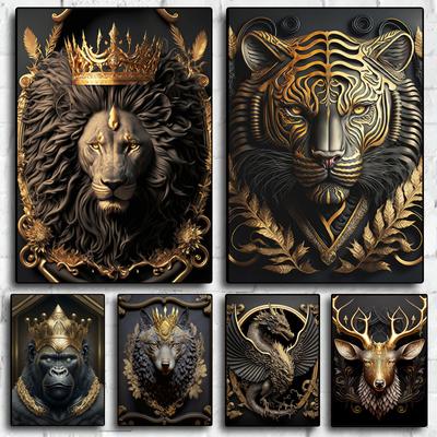 Scultura Metallica Re Gorilla Pittura su Tela Stampa Leone Dorato Tigre Cervo Toro Poster Arte Statua Animale Decorazione Murale