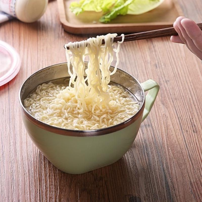 304 Stainless Steel Bowl with Handle Solid Color Anti Scalding Instant Noodles Mixing Bowl Kitchen Tableware Food  Accessory, 1pc