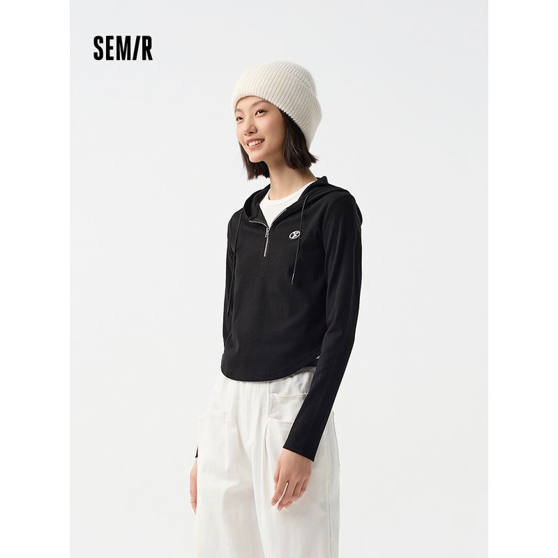 

Женская футболка с длинными рукавами Senma, короткая, облегающая одежда, маленькая, универсальная, изящная, весенняя, повседневная, с капюшоном, трендовая Bean paste green 40011 155/80A/S