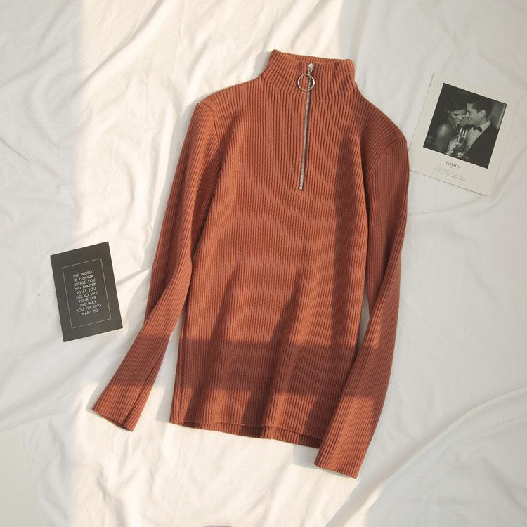 Knitted Women Zipper Half High Neck Ring Zipper Slim Top Sweater Pullovers Autumn Winter Basic Women Sweaters Slim Solid Knitwear Pull Femme Tops