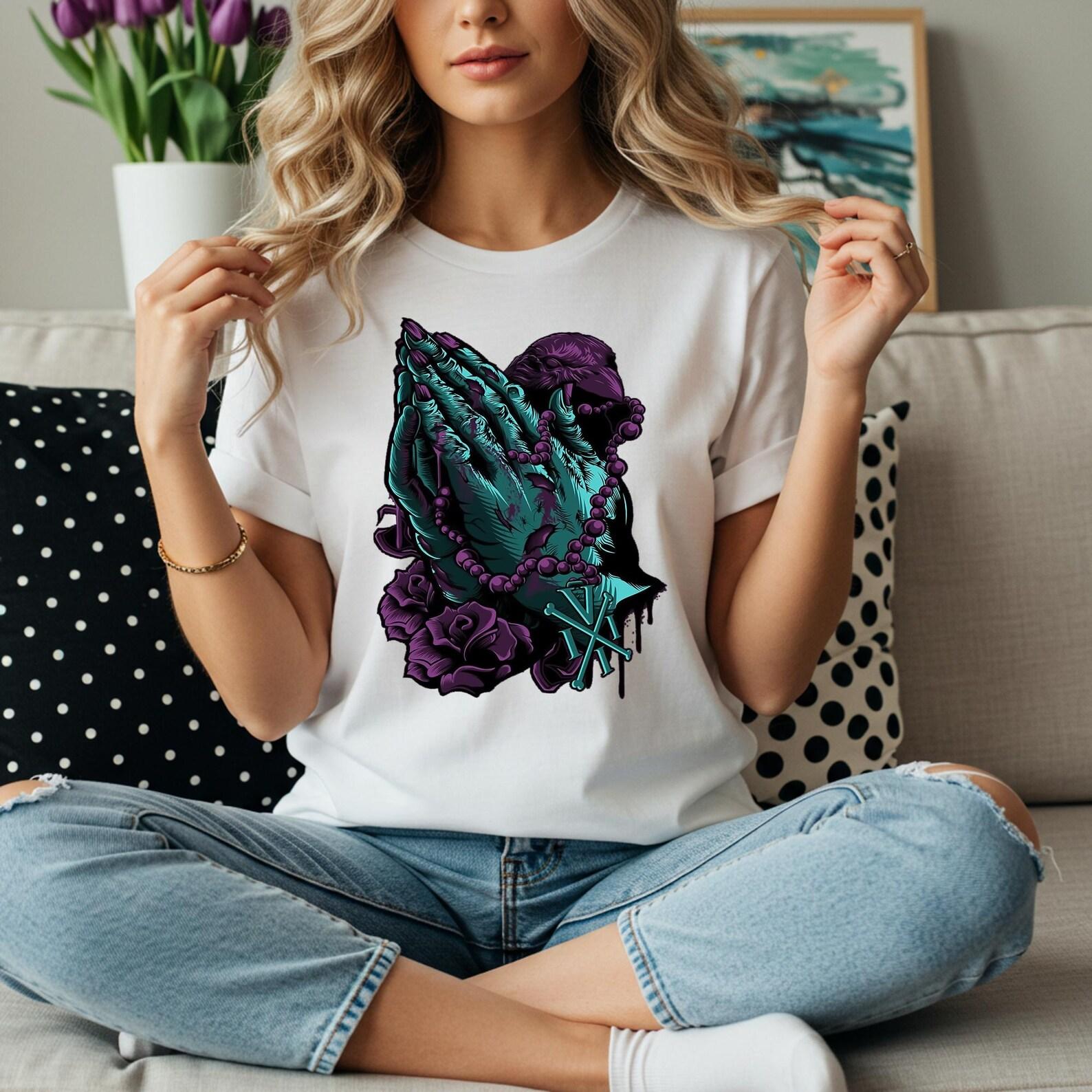 Praying Hands Skull T-Shirt | Gothic Rosary Skull Tee | Dark Floral Gothic Shirt | Religious Skull Graphic Tee | Unisex Dark Aesthetic S