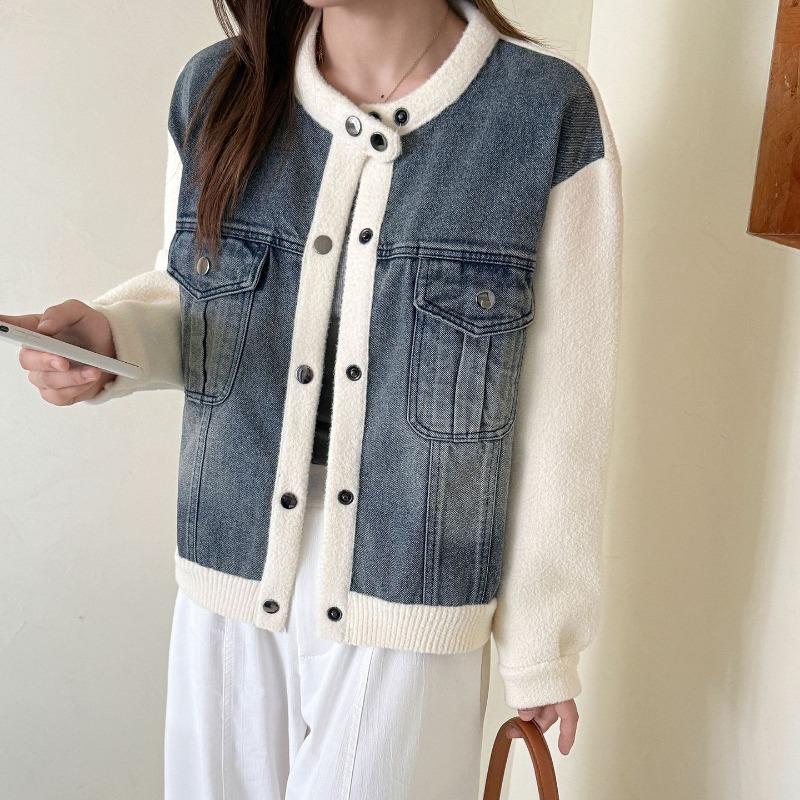 Autumn and winter new loose splicing denim knitted double-sided woolen cardigan sweater jacket women