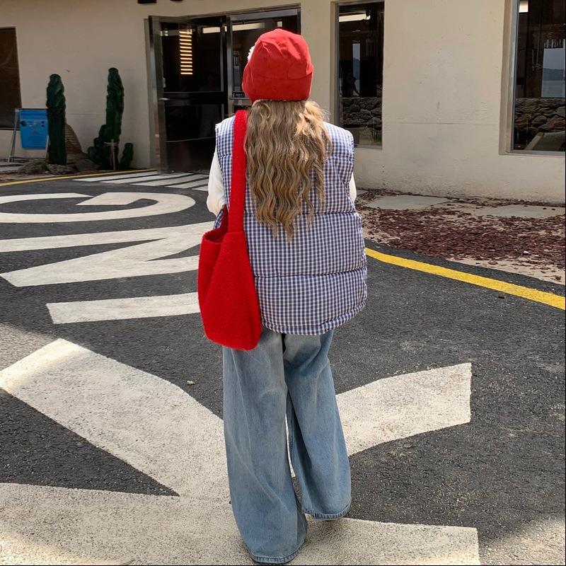 Stand-up Collar Plaid Sleeveless Cotton Clothes, Student Vest Jacket, Women's New Autumn and Winter Stacked Wear Casual Loose Vest