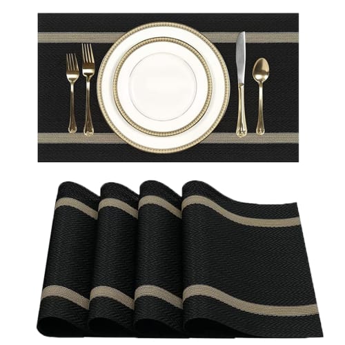 Senteria Placemats, Set of 4, PVC Vinyl, Black, Stylish, Nordic Square, Waterproof, Non-Slip, Stain-Resistant, Insulating, Protective, Easy to Clean,