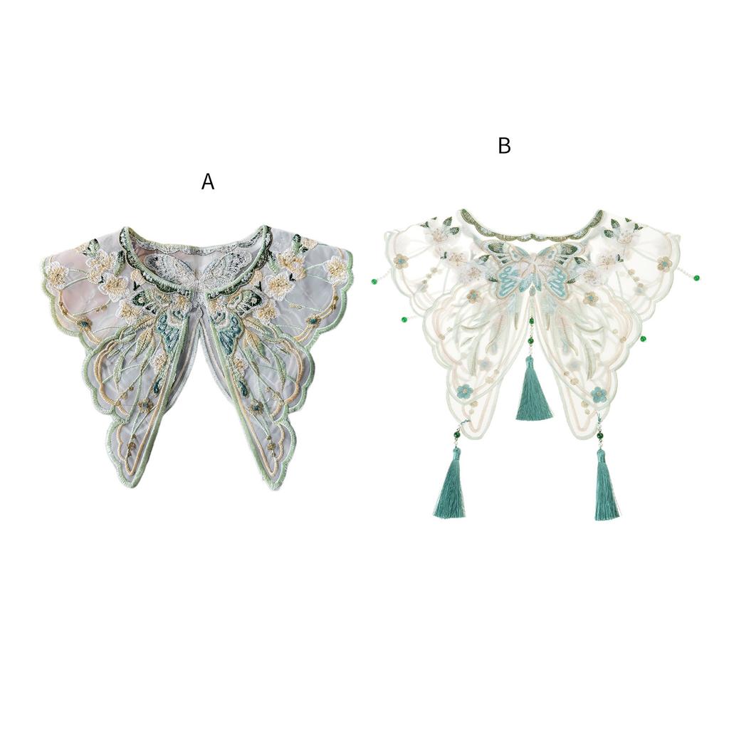 Vintage Dress Detachable False Collar Pearl Tassels Yunjian Shawl Scarf Chinese Embroidered Butterfly Flower Capelet