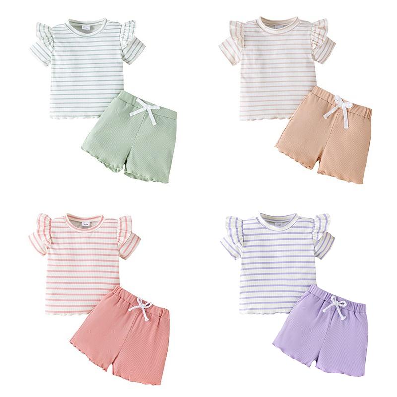 

Baby Girls Short Sleeved Striped Top And Shorts Two-Piece Kids Clothing Set 6-12M