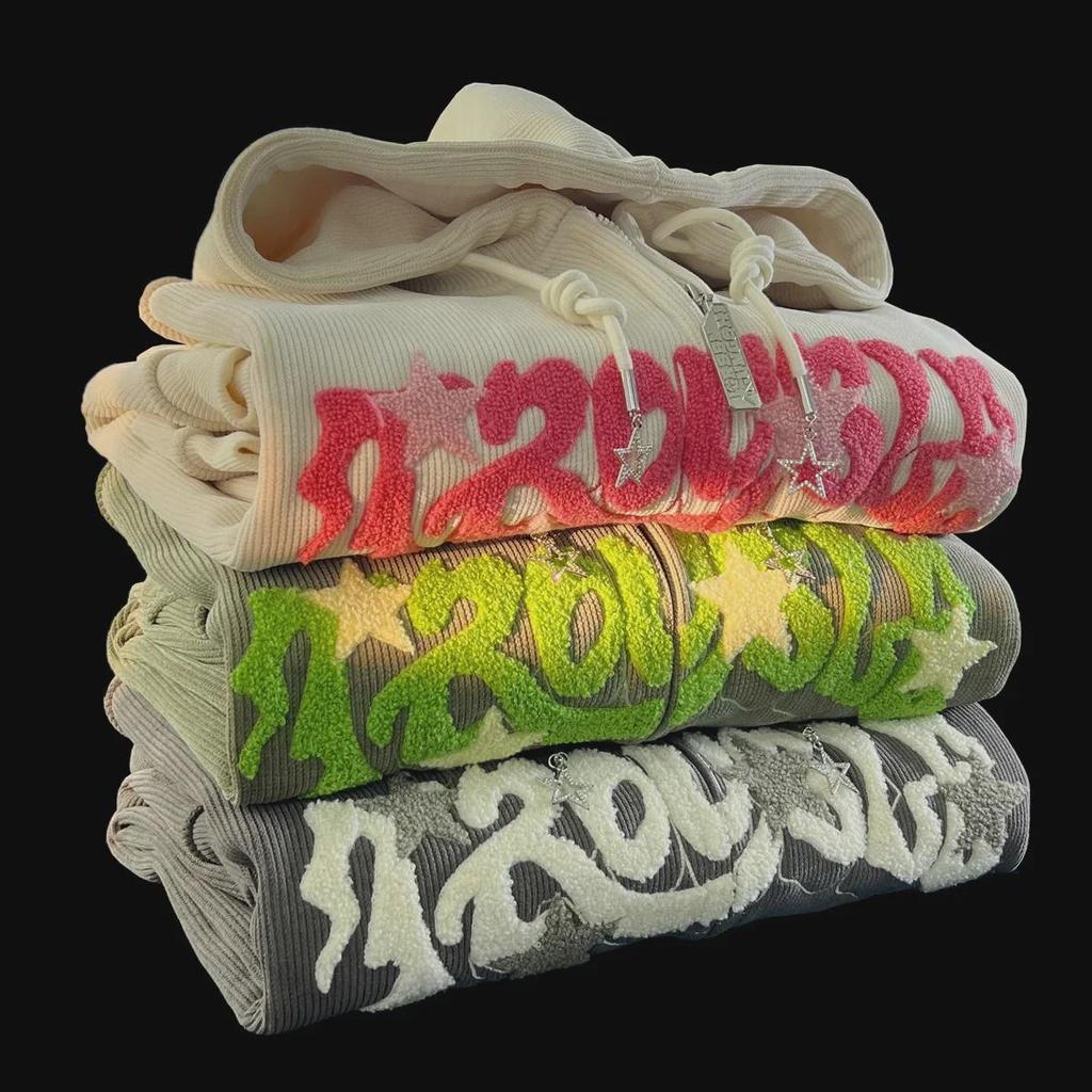 Women's Vintage Star Corduroy Hooded Cardigan - Loose Fit, Trendy Street Style for Spring and Autumn