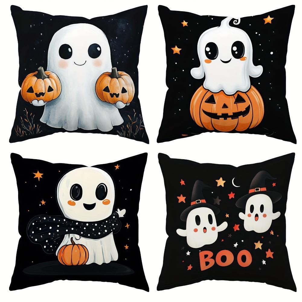 4pcs Halloween Throw Pillow Covers, Warm & Cozy, Black with Ghost & Pumpkin Print, Zippered, Machine Washable