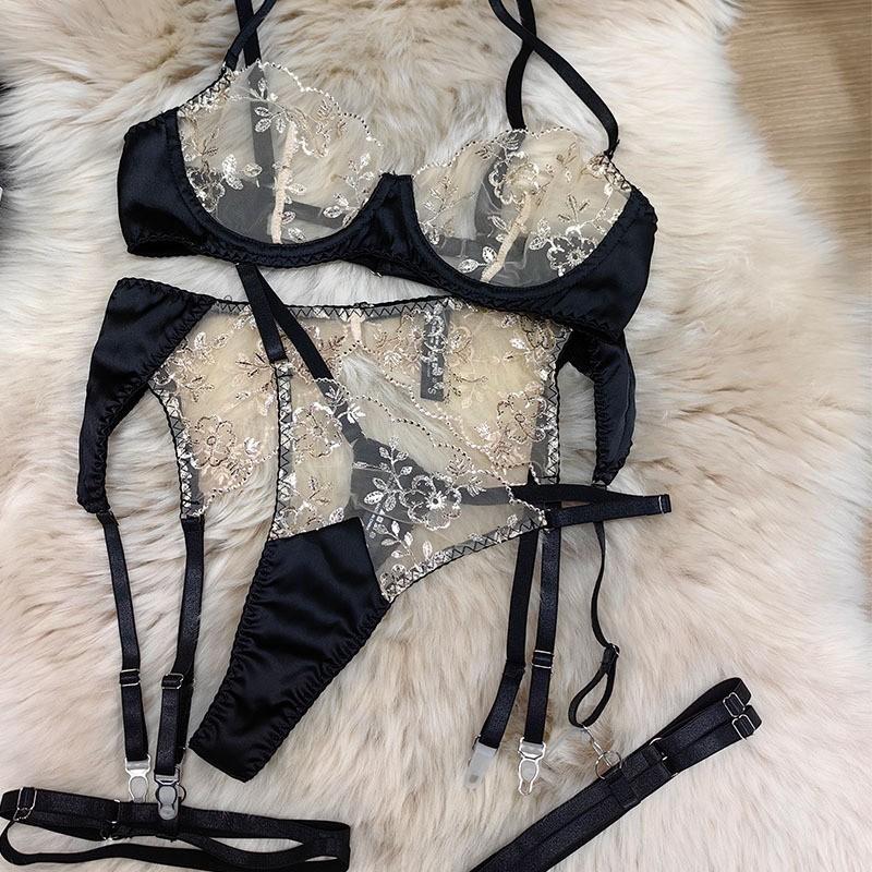 

Сексуальный костюм французский женский сексуальный ультратонкий контрастного цвета вышитый кружевной маленький антипровисающий костюм L чёрный