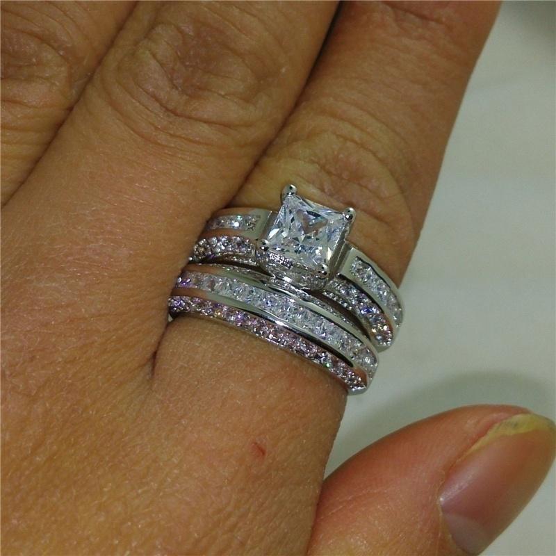 2 Pcs/set Classic Cubic Zircon Rings Set For Women Pink Blue White Crystal Rhinestone  Birthday Promise Anniversary Ring 5