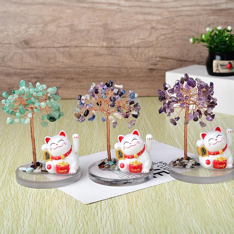 Solar Energy Shake Hands Lucky Cat Base Fate Tree Office Home Natural Crushed Stone Life Tree Handwoven Weaving Decor