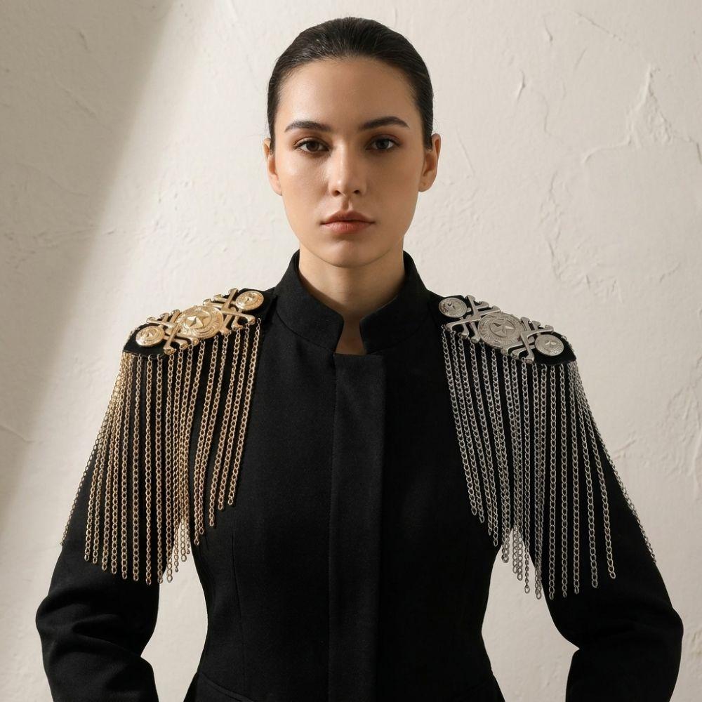 Metal Shoulder Board Badges Tassel Chain Fringed Epaulet Decoration Vintage Brooch Pin For Jacket