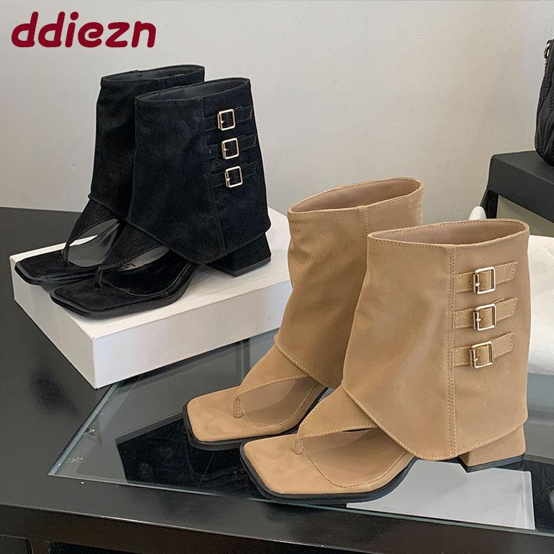 Fashion Female Open Toe Footwear Slip On Women Sandals Ankle Boots With Heels Fashion Buckle Ladies Short Booties Shoes Flip Flops